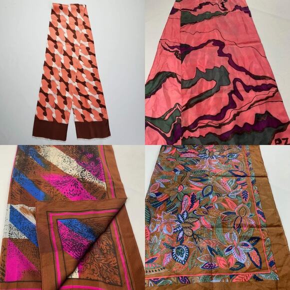 4 Women’s Vintage Scarves | P.Z., Unbranded - Brown Pink Multicolored Printed - Picture 1 of 7